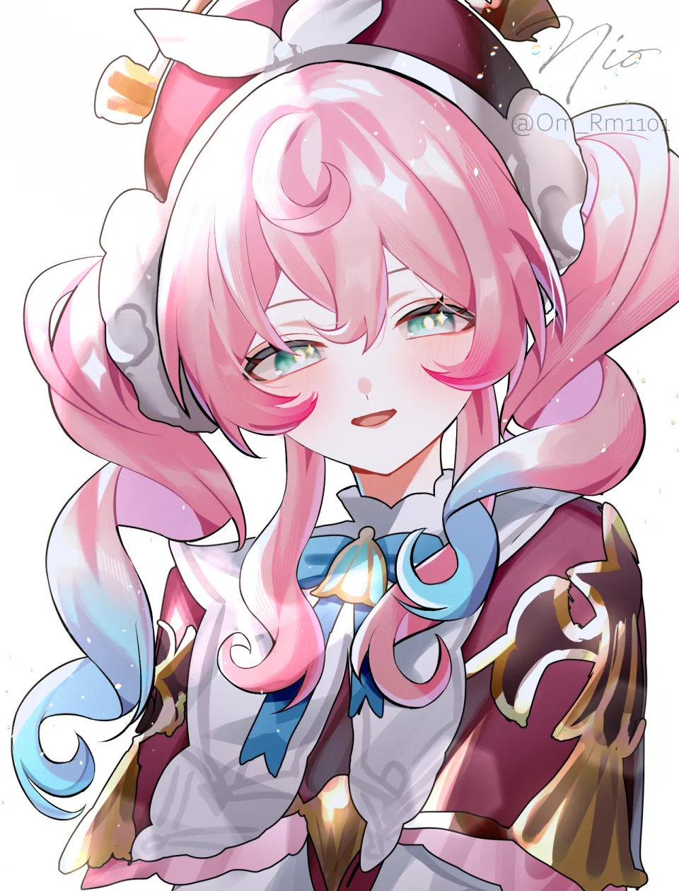 1girl aqua_eyes blue_hair bright_pupils collar hair_between_eyes hat light_blush long_hair looking_at_viewer multicolored_hair open_mouth pink_hair pink_hat signature simple_background smile solo streaked_hair upper_body white_background white_collar white_pupils om_rm1101 honkai__star_rail honkai__series hyacine__honkai__star_rail