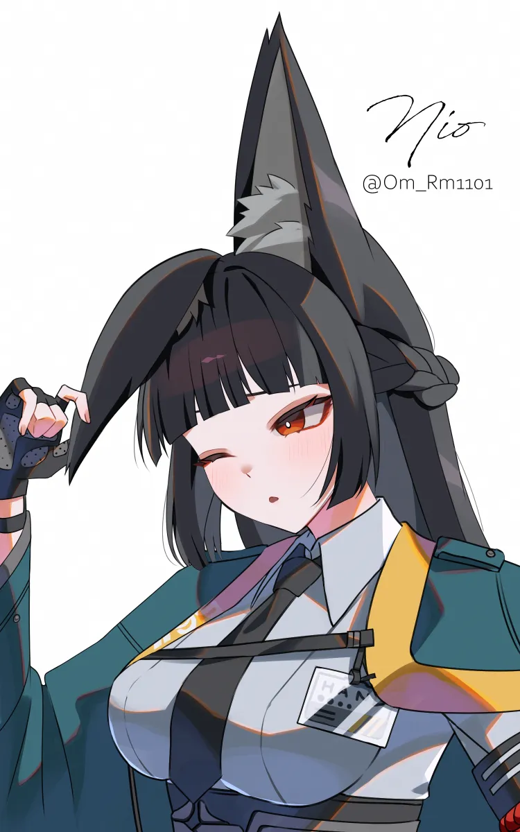 1girl animal_ear_fluff animal_ears artist_name black_gloves black_hair black_necktie blunt_bangs blush breasts dress_shirt fingerless_gloves fingernails fox_ears fox_girl gloves green_jacket jacket large_breasts long_hair looking_ahead necktie one_eye_closed shirt sidelocks signature simple_background solo twitter_username white_background white_shirt om_rm1101 zenless_zone_zero hoshimi_miyabi__zenless_zone_zero