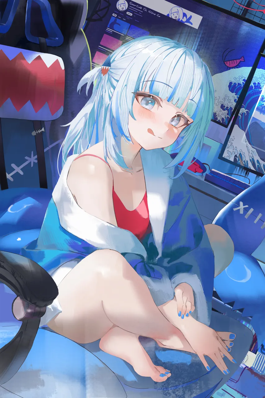 1girl barefoot blue_hair blue_nails blunt_bangs blush camisole chair computer_keyboard computer_mouse feet full_body gaming_chair hair_ornament hands_on_feet indian_style looking_at_viewer medium_hair monitor multicolored_hair nail_polish red_camisole shark_hair_ornament shrimp sitting solo streaked_hair swivel_chair thighs toenail_polish toenails toes tongue tongue_out two_side_up vertical_monitor virtual_youtuber white_hair darr1o hololive gawr_gura__hololive gawr_gura__1st_costume__hololive
