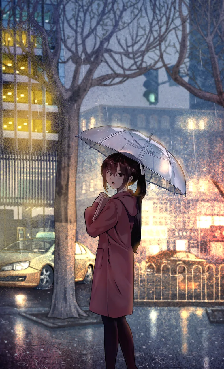 1girl bare_tree black_pantyhose book brown_eyes brown_hair building car coat from_side holding holding_book holding_umbrella hugging_book hugging_object long_hair motor_vehicle outdoors pantyhose ponytail rain red_coat school_uniform solo standing taxi traffic traffic_light transparent transparent_umbrella tree umbrella yellow_car yewang19 yu_xuan__yewang19