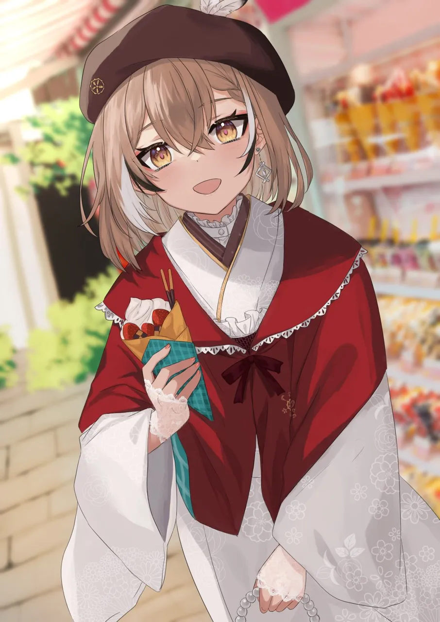 1girl ahoge beret blurry braid braided_bangs brown_eyes brown_hair depth_of_field earrings floral_print food fruit gloves hat holding holding_food holding_ice_cream ice_cream ice_cream_cone japanese_clothes jewelry kimono lace lace_gloves looking_at_viewer multicolored_hair nail_polish official_alternate_costume pocky print_kimono red_shawl ribbon shawl shop short_hair single_earring smile stone_walkway strawberry streaked_hair virtual_youtuber white_kimono wide_sleeves ten_chan__eternal_s hololive nanashi_mumei__hololive nanashi_mumei__new_year__hololive
