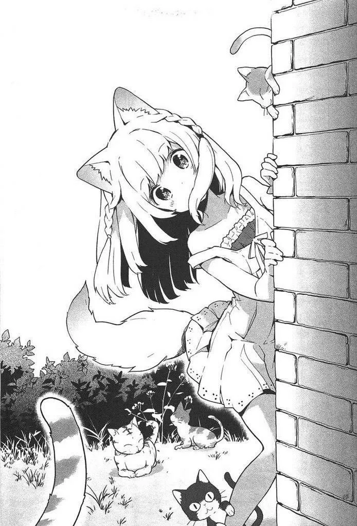 1girl animal animal_ear_fluff animal_ears bare_shoulders black_cat braid brick brick_floor brick_wall cat clothed_animal creature dress greyscale holding_animal holding_cat long_hair monochrome mouth_hold outdoors tail wall whiskers white_cat bokura_wa_minna_ikiteiru miu_nekomiya__bokura_wa_minna_ikiteiru