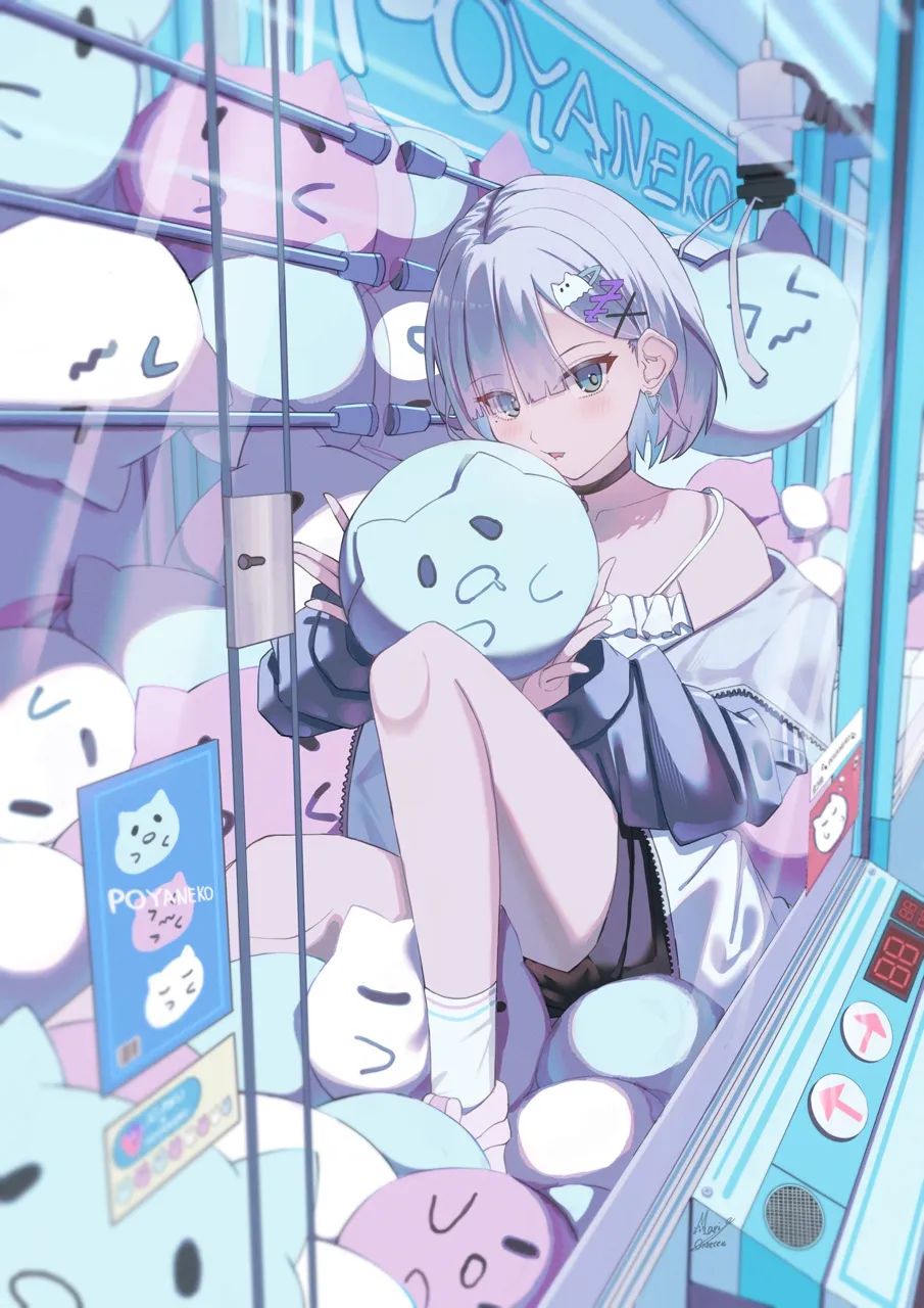 1girl aqua_eyes black_choker black_pants blunt_bangs blush camisole cheek_press choker collarbone crane_game drooling earrings frilled_camisole frills grey_hair grey_jacket hair_ornament hairclip holding holding_stuffed_toy in_crane_game jacket jewelry looking_at_viewer off_shoulder open_clothes open_jacket open_mouth pants pink_shoes shoes short_hair shorts sitting socks solo spaghetti_strap stuffed_animal stuffed_toy too_many too_many_dolls triangle_earrings virtual_youtuber white_camisole white_socks x_hair_ornament maria_onnette lupinus_virtual_games vspo kaga_sumire__vspo kaga_sumire__6th_costume__vspo