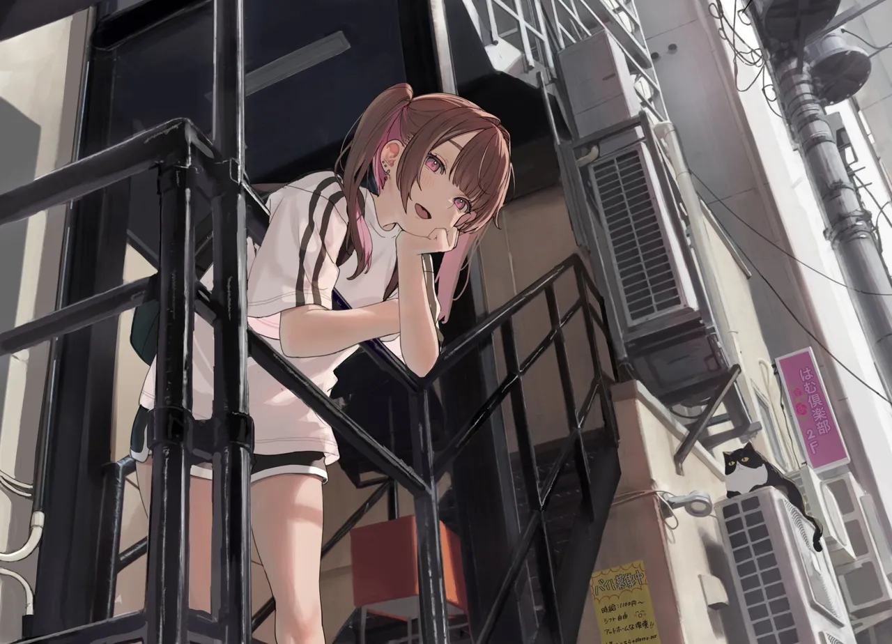 1girl brown_hair hand_on_own_cheek hand_on_own_face hands_on_own_face head_rest long_hair looking_at_viewer open_mouth railing school_desk shirt short_sleeves shorts sitting solo twintails