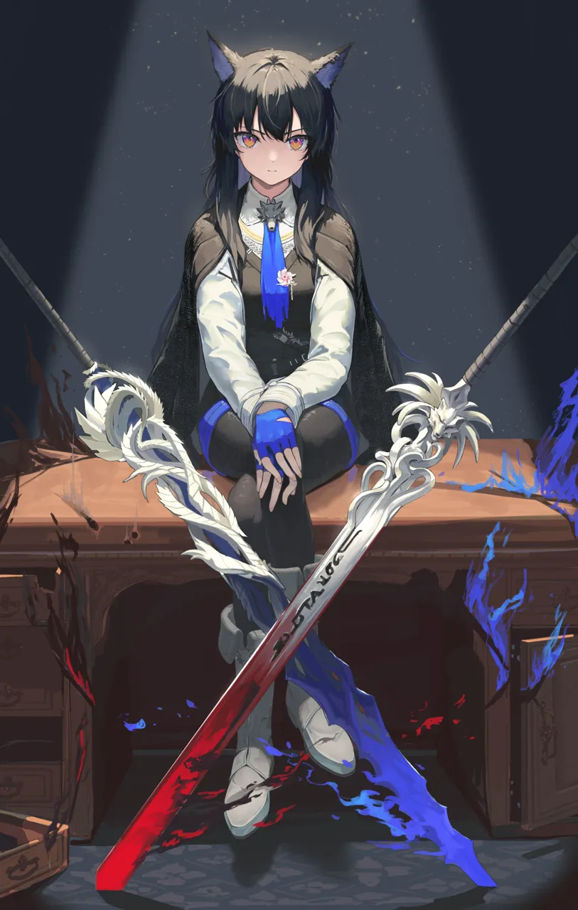 1girl animal_ear_fluff animal_ears black_cape black_hair black_pantyhose black_vest blue_gloves blue_necktie boots cape closed_mouth crossed_legs crossed_swords desk fingerless_gloves full_body gloves knee_boots long_hair long_sleeves looking_at_viewer multiple_swords necktie on_table orange_eyes own_hands_together pantyhose planted planted_sword shirt sitting smile solo sword table vest weapon white_boots white_shirt wolf_ears pi__p77777778 arknights texas__arknights texas_the_omertosa__arknights