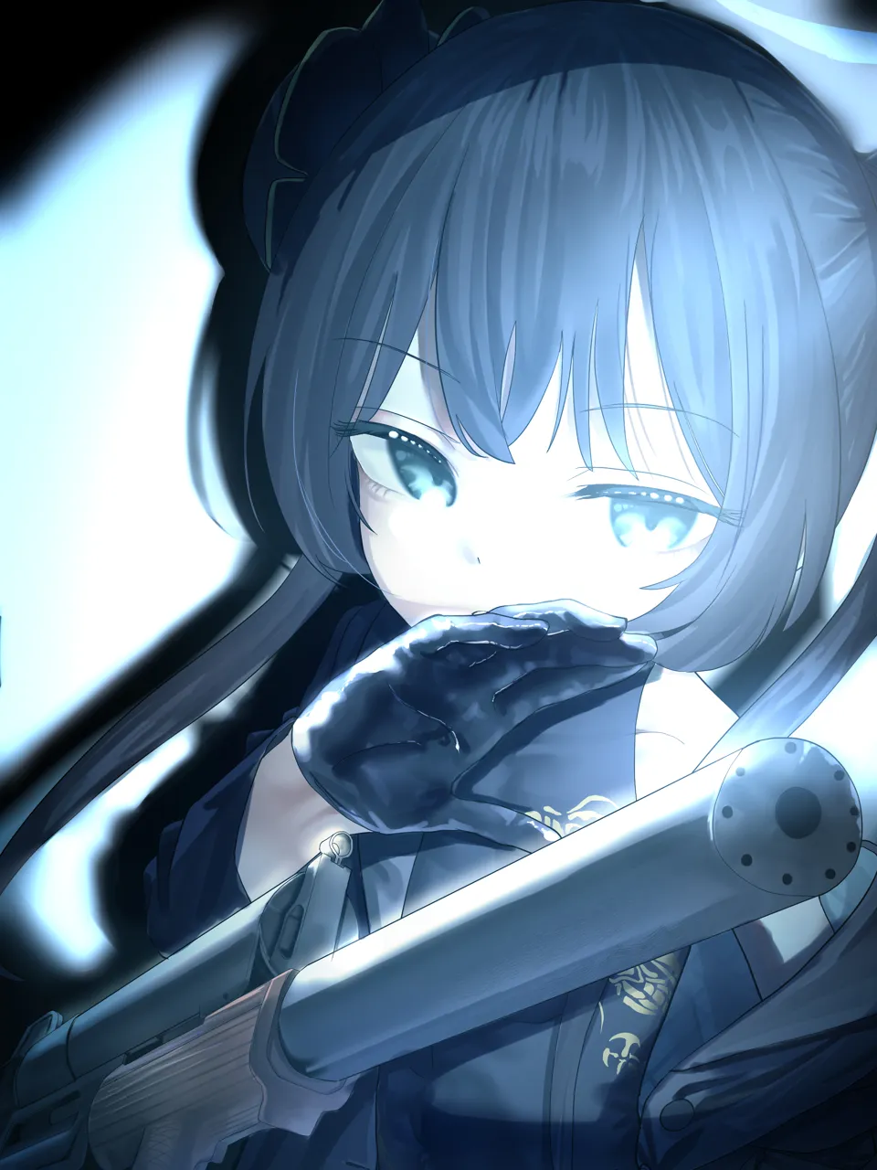 1girl black_dress black_gloves black_hair black_scrunchie china_dress chinese_clothes cs_ls06 double_bun dragon_print dress gloves grey_eyes grey_jacket gun hair_between_eyes hair_bun hair_ornament hair_scrunchie holding holding_gun holding_weapon jacket looking_at_viewer rifle scrunchie sidelocks single_bare_shoulder submachine_gun weapon haoma blue_archive kisaki__blue_archive