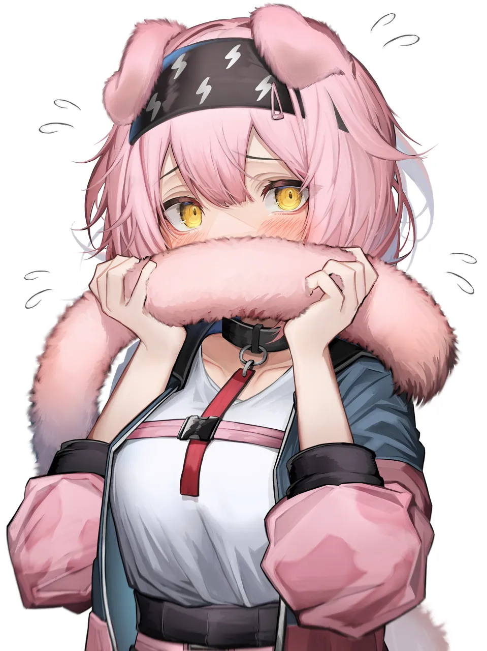 1girl animal_ears black_collar black_hairband blunt_bangs blush cat_ears cat_tail collar collarbone covering_own_mouth hairband jacket long_sleeves looking_at_viewer pink_hair pink_jacket shirt short_hair simple_background solo tail upper_body white_background white_shirt yellow_eyes tab_head arknights goldenglow__arknights