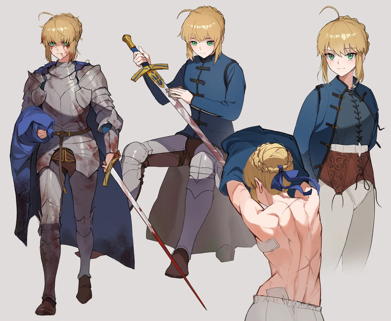 1girl ahoge armor arms_up artoria_pendragon__fate back bandages blonde_hair blood blood_on_clothes blood_on_face blood_on_weapon blue_cape blue_jacket blue_ribbon braid braided_bun cape contrapposto couter cowboy_shot cross_scar cuisses excalibur__fate_stay_night fate__series fate_stay_night faulds from_behind gambeson gorget greaves green_eyes hair_bun holding holding_sword holding_weapon jacket jason_kim leather_belt median_furrow medieval multiple_scars multiple_views muscular muscular_female pauldrons plate_armor poleyn ribbon saber__fate scar scar_on_arm scar_on_back shoulder_armor smile sword toned underwear undressing upper_body vambraces weapon white_background