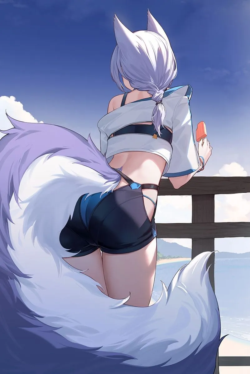 1girl animal_ears ass bare_shoulders beach blue_sky cellphone cloud day facing_away fox_ears fox_girl fox_tail from_behind halterneck holding horizon large_tail long_hair ocean official_alternate_costume outdoors phone popsicle railing shirt shorts sky solo standing tail thighs water white_shirt wolf_ears wolf_tail arknights provence__arknights