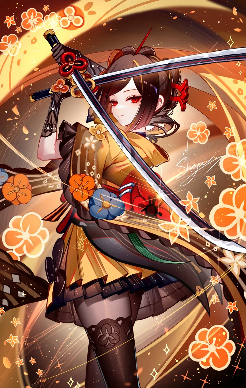 1girl arms_up artist_name black_gloves black_pantyhose brown_background brown_hair closed_mouth colored_inner_hair crossed_swords dress_flower dual_wielding elbow_gloves falling_petals floral_background flower from_behind from_side gloves hair_ornament hair_stick holding holding_sword holding_weapon japanese_clothes katana kimono light_particles light_smile looking_at_viewer looking_back multicolored_hair obi orange_kimono pantyhose petals print_kimono red_eyes sash short_kimono sidelocks solo sparkle standing streaked_hair sword turning_head weapon sheya genshin_impact chiori__genshin_impact