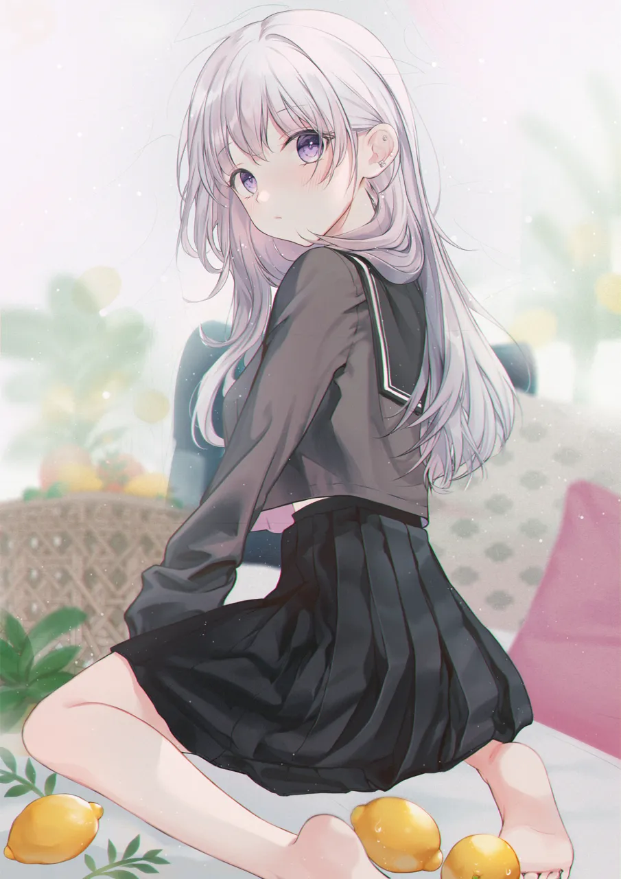 1girl barefoot basket black_skirt blush closed_mouth feet food fruit grey_serafuku grey_shirt head_tilt leaf lemon long_hair long_sleeves looking_at_viewer looking_back pillow plant pleated_skirt purple_eyes school_uniform serafuku shirt sitting skirt solo wariza white_hair myoushun