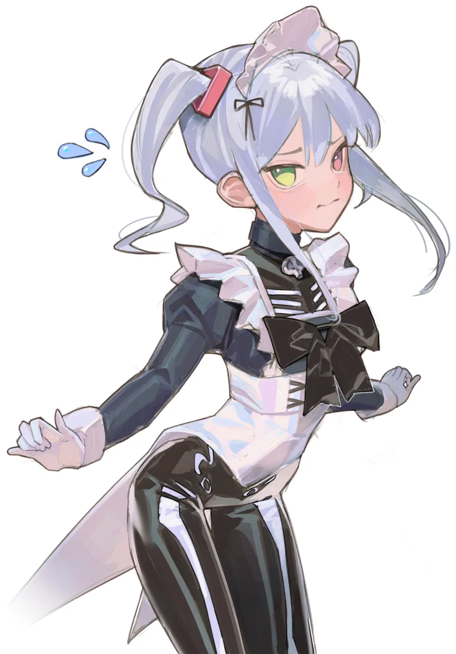 1girl black_pants blush bodysuit bodysuit_under_clothes closed_mouth coattails flying_sweatdrops frills gloves green_eyes grey_hair hair_between_eyes heterochromia juliet_sleeves latex latex_bodysuit long_hair long_sleeves looking_at_viewer maid_headdress pants pink_hair puffy_sleeves shiny_clothes simple_background solo twintails white_background white_gloves saaal653 neon__saaal653