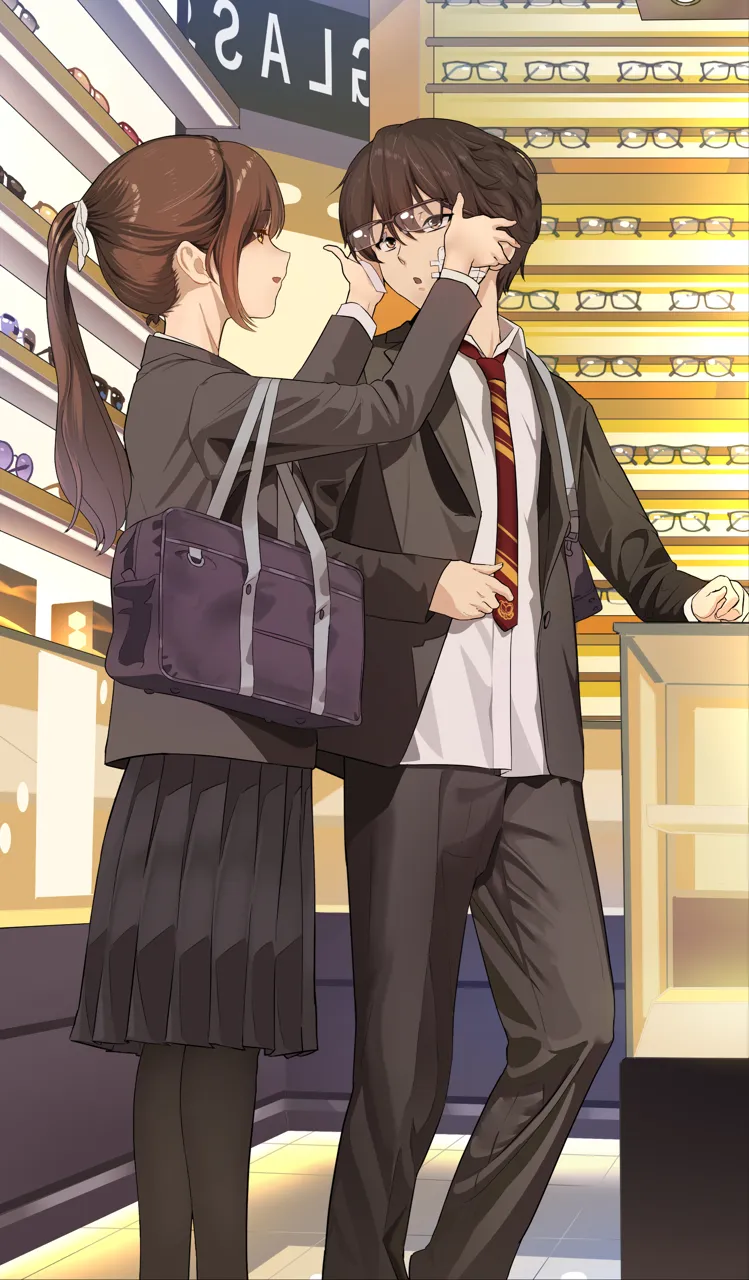 1boy 1girl black_eyes black_hair black_thighhighs brown_eyes brown_hair coat formal_clothes glasses hair_ribbon indoors long_hair looking_at_another necktie open_mouth pantyhose ponytail ribbon school_uniform short_hair skirt smile suit thighhighs yewang19 yu_xuan__yewang19