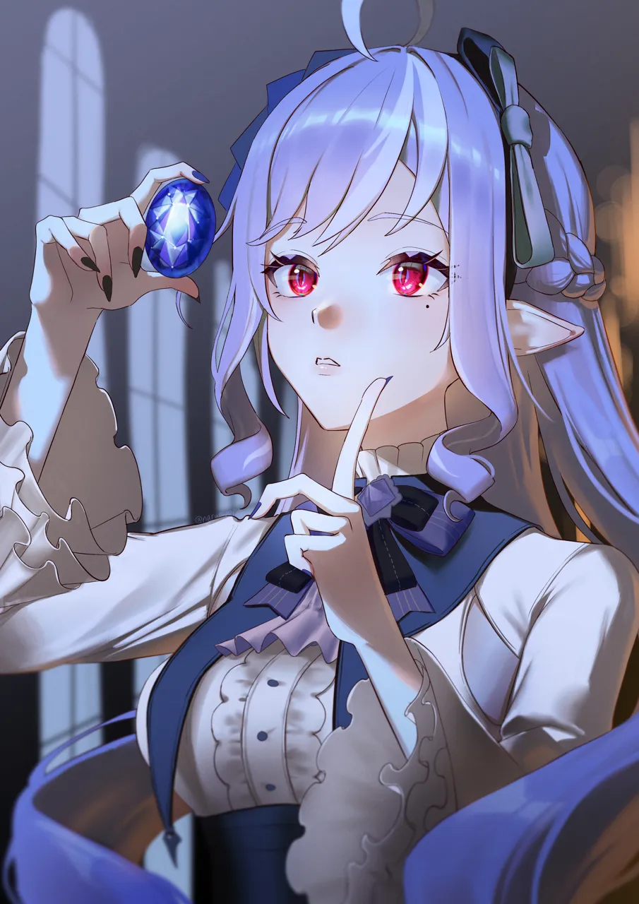 1girl ahoge black_bow bow braid breasts fingernails gem hair_bow half_up_braid holding holding_gem index_finger_raised indoors large_breasts long_hair long_sleeves looking_at_object nail_polish parted_lips pointy_ears purple_gemstone purple_hair purple_nails red_eyes shirt solo upper_body very_long_hair white_shirt fuli__narumiyafuri zenless_zone_zero vivian__zenless_zone_zero