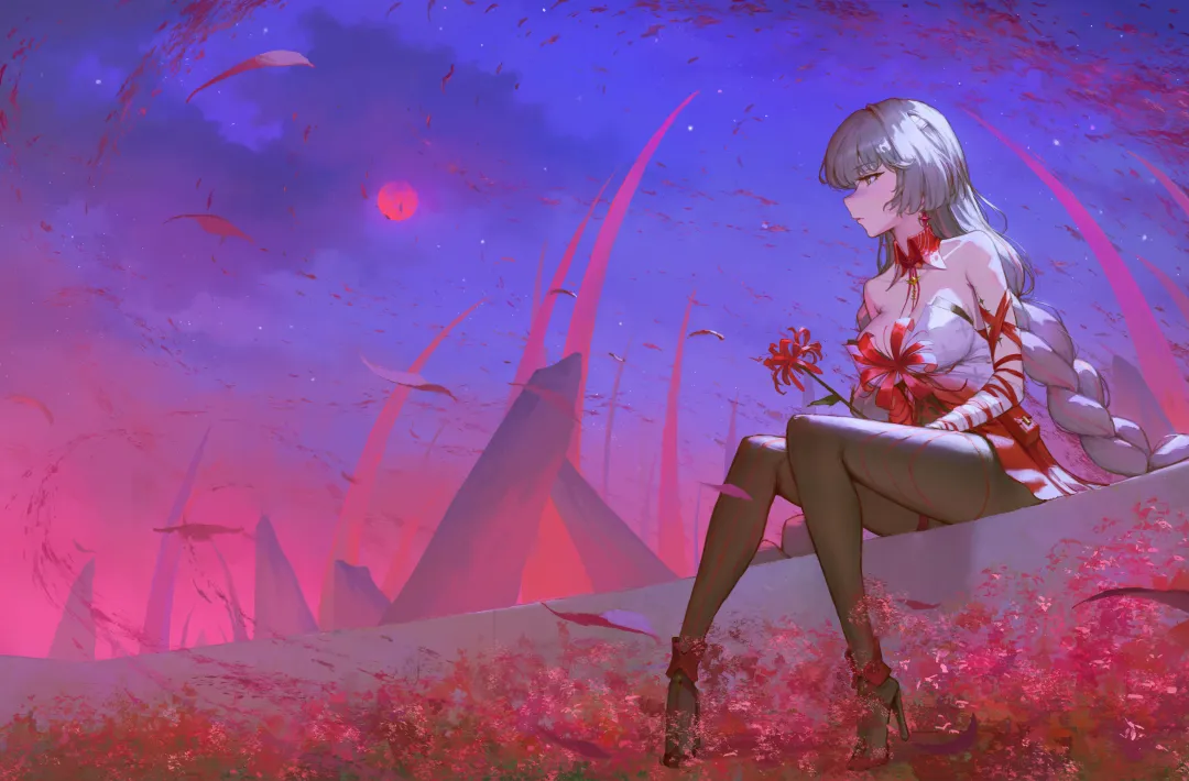 1girl bandaged_arm bandages bare_shoulders black_pantyhose breasts closed_mouth dress flower grey_hair halter_dress halterneck high_heels long_hair looking_to_the_side medium_breasts pantyhose red_dress red_flower sitting solo spider_lily tacet_mark__wuthering_waves sib__9obsl wuthering_waves phrolova__wuthering_waves