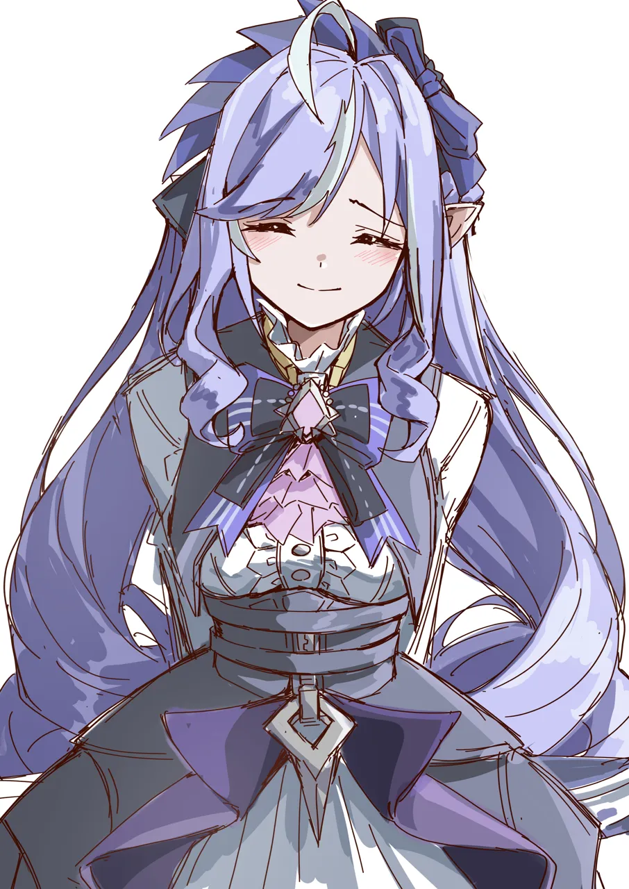 1girl ahoge ascot bow closed_eyes closed_mouth gem long_hair pointy_ears purple_ascot purple_bow purple_gemstone purple_hair simple_background smile solo white_background amaxa zenless_zone_zero vivian__zenless_zone_zero