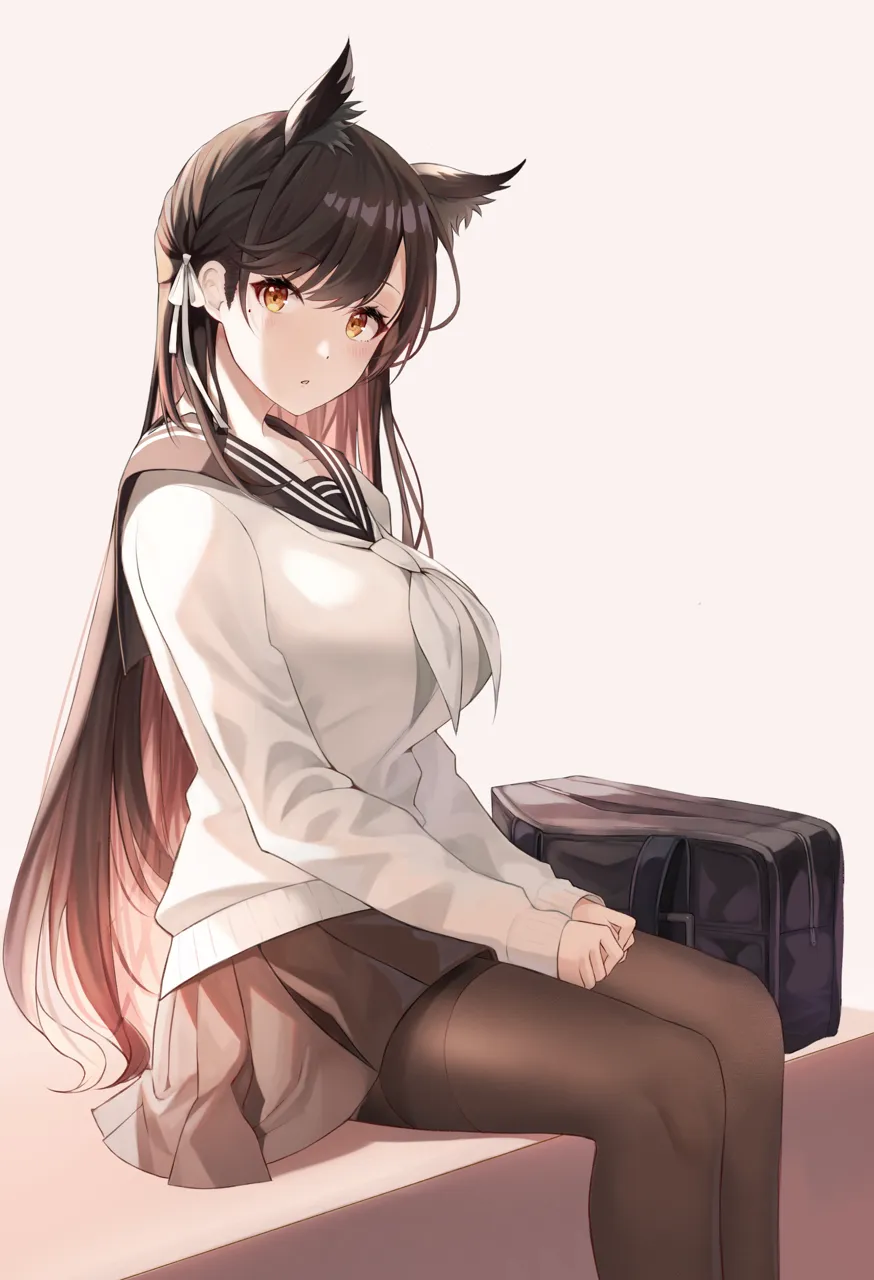 1girl animal_ear_fluff animal_ears bag black_hair black_sailor_collar blush breasts brown_eyes brown_pantyhose brown_skirt duffel_bag hair_ribbon large_breasts long_hair long_sleeves looking_at_viewer miniskirt mole mole_under_eye neckerchief official_alternate_costume pantyhose parted_lips pleated_skirt ribbon sailor_collar school_uniform shirt sitting skirt solo thighband_pantyhose very_long_hair white_ribbon white_shirt niji__rudduf232 azur_lane atago__azur_lane atago__school_traumerei__azur_lane