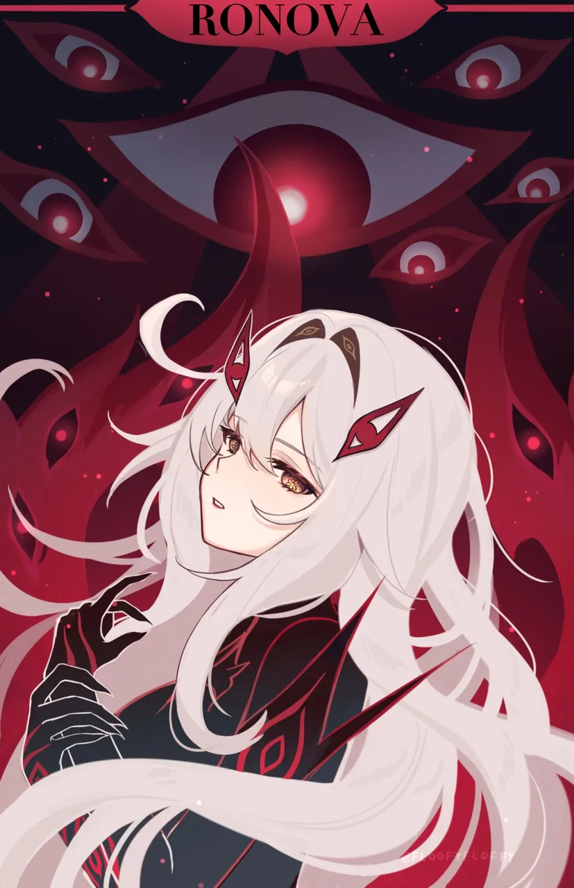 1girl extra_eyes eye_hair_ornament eye_symbol gloves hair_between_eyes hair_ornament long_hair solo symbol_shaped_pupils upper_body very_long_hair white_hair yellow_eyes floofyfloffy genshin_impact ronova__genshin_impact