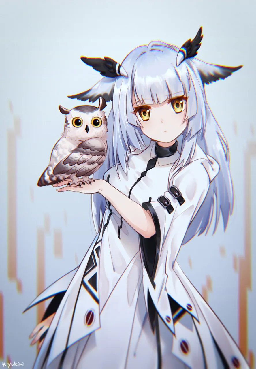 1girl animal_ears bird buckle chromatic_aberration closed_mouth dress feather_hair grey_hair long_hair looking_at_viewer owl owl_ears solo standing white_dress yellow_eyes yukiri__l_ii arknights ptilopsis__arknights ptilopsis__elite_ii__arknights