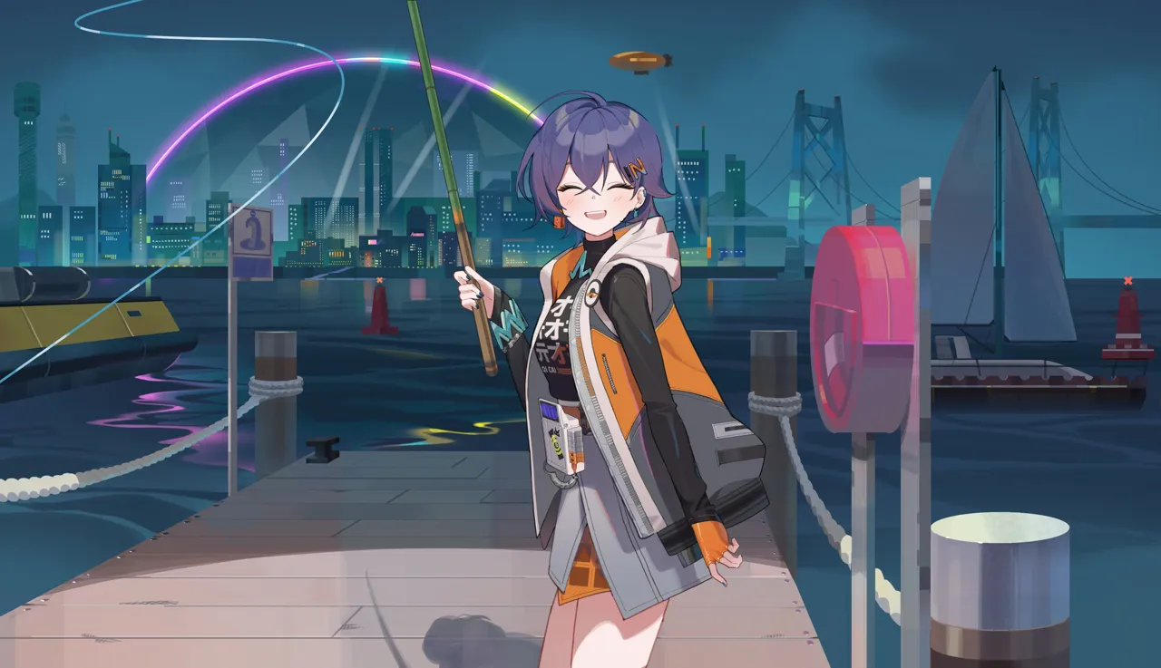 1girl black_jacket black_shirt blue_hair blush boat closed_eyes crossed_bangs fishing grey_skirt hair_between_eyes happy hood hooded_jacket jacket night night_sky open_mouth shirt skirt sky smile solo watercraft niji__rudduf232 zenless_zone_zero belle__zenless_zone_zero