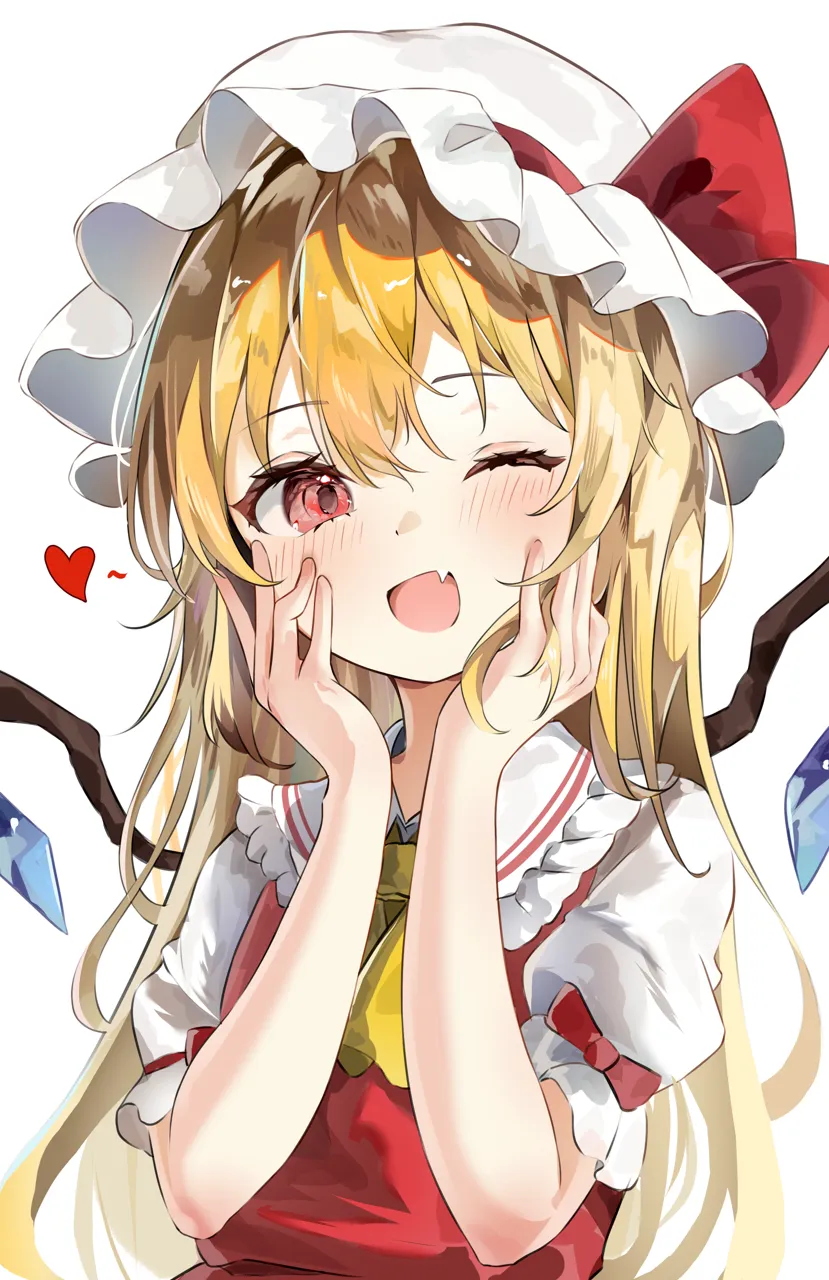 1girl alternate_hair_length alternate_hairstyle blonde_hair blush bow crystal_wings eyelashes fang frilled_shirt_collar frills hands_on_own_cheeks hands_on_own_face happy hat heart long_hair looking_at_viewer mob_cap one_eye_closed open_mouth puffy_short_sleeves puffy_sleeves red_bow red_eyes red_skirt shirt short_sleeves skin_fang skirt skirt_set sleeve_bow smile solo straight_hair upper_body very_long_hair white_hat white_shirt umou__umouawa touhou flandre_scarlet__touhou