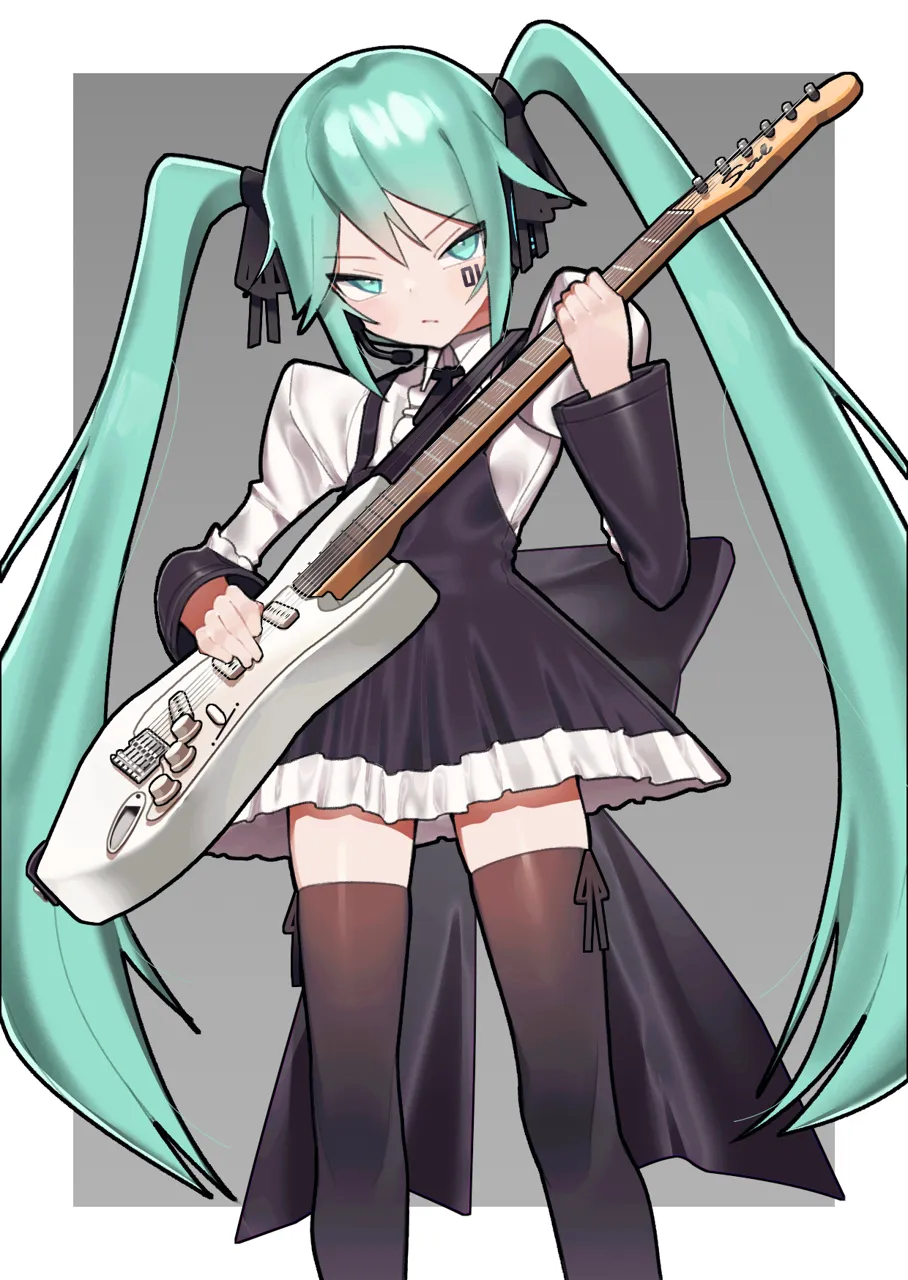 1girl black_ribbon cowboy_shot electric_guitar frills green_eyes green_hair guitar instrument long_hair looking_at_viewer ribbon simple_background solo twintails white_background zettai_ryouiki saaal653 vocaloid hatsune_miku