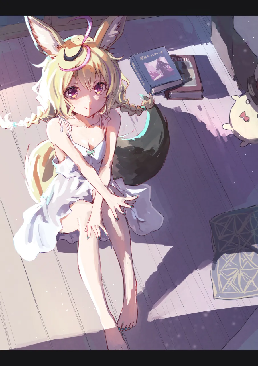 1girl ahoge alternate_costume animal_ear_fluff animal_ears aqua_nails barefoot blonde_hair book bow braid breasts cleavage collarbone crossed_bangs dress feet fennec_fox fox_ears fox_girl fox_tail green_bow indoors knees_up legs long_hair looking_at_viewer medium_breasts multicolored_hair nail_polish orange_eyes pink_hair shadow short_dress sidelocks sitting sleeveless sleeveless_dress solo streaked_hair sundress tail toenail_polish toenails toes twin_braids virtual_youtuber white_dress wooden_floor yami_ara hololive omaru_polka zain__omaru_polka