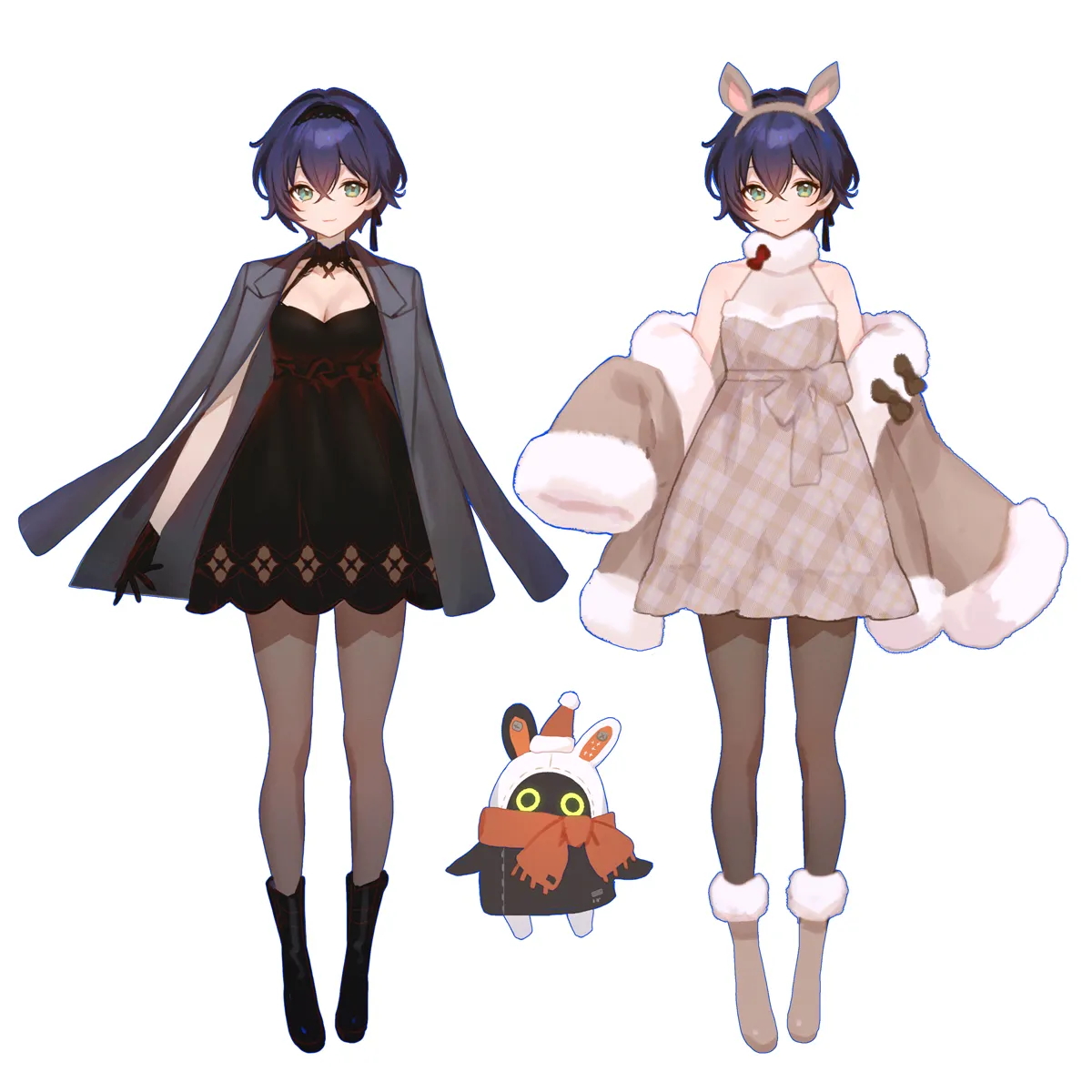 alternate_costume animal_ears bangboo__zenless_zone_zero black_dress black_footwear black_gloves black_hairband blue_hair breasts brown_footwear cleavage coat crossed_bangs deer_ears dress dress_ribbon fake_animal_ears full_body fur_trimmed_coat fur_coat fur_trim gloves green_eyes grey_jacket hairband halterneck hat jacket jacket_on_shoulders pantyhose plaid_clothes plaid_dress red_scarf santa_hat scarf white_background adelie_cat zenless_zone_zero belle__zenless_zone_zero eous__zenless_zone_zero