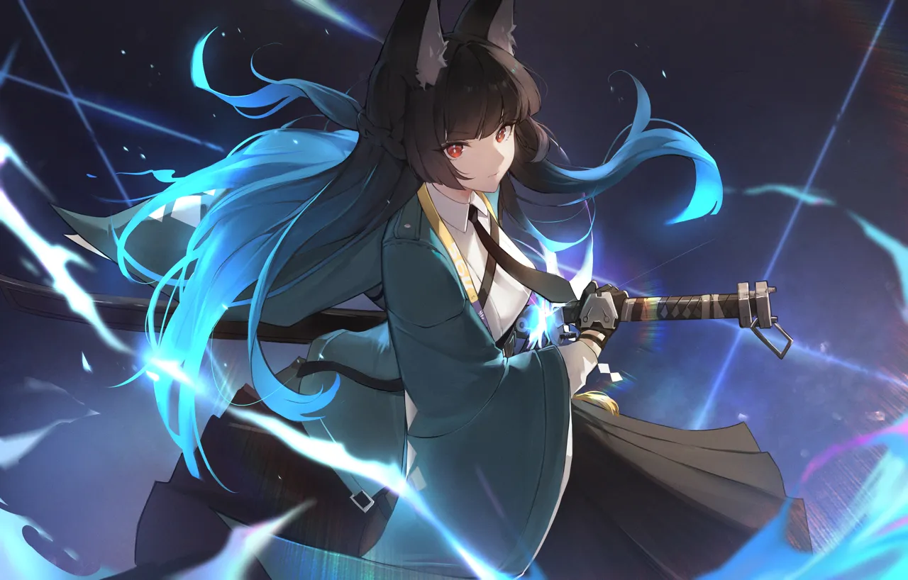 1girl animal_ear_fluff animal_ears aqua_jacket black_hair black_necktie blue_hair blunt_bangs braid closed_mouth fox_ears fox_girl gradient_hair half_up_braid high_waist_skirt holding holding_sword holding_weapon jacket katana long_hair long_skirt looking_at_viewer multicolored_hair necktie red_eyes scabbard sheath skirt solo sword unsheathing weapon wide_sleeves jiang_zhuti_jiojio zenless_zone_zero hoshimi_miyabi__zenless_zone_zero