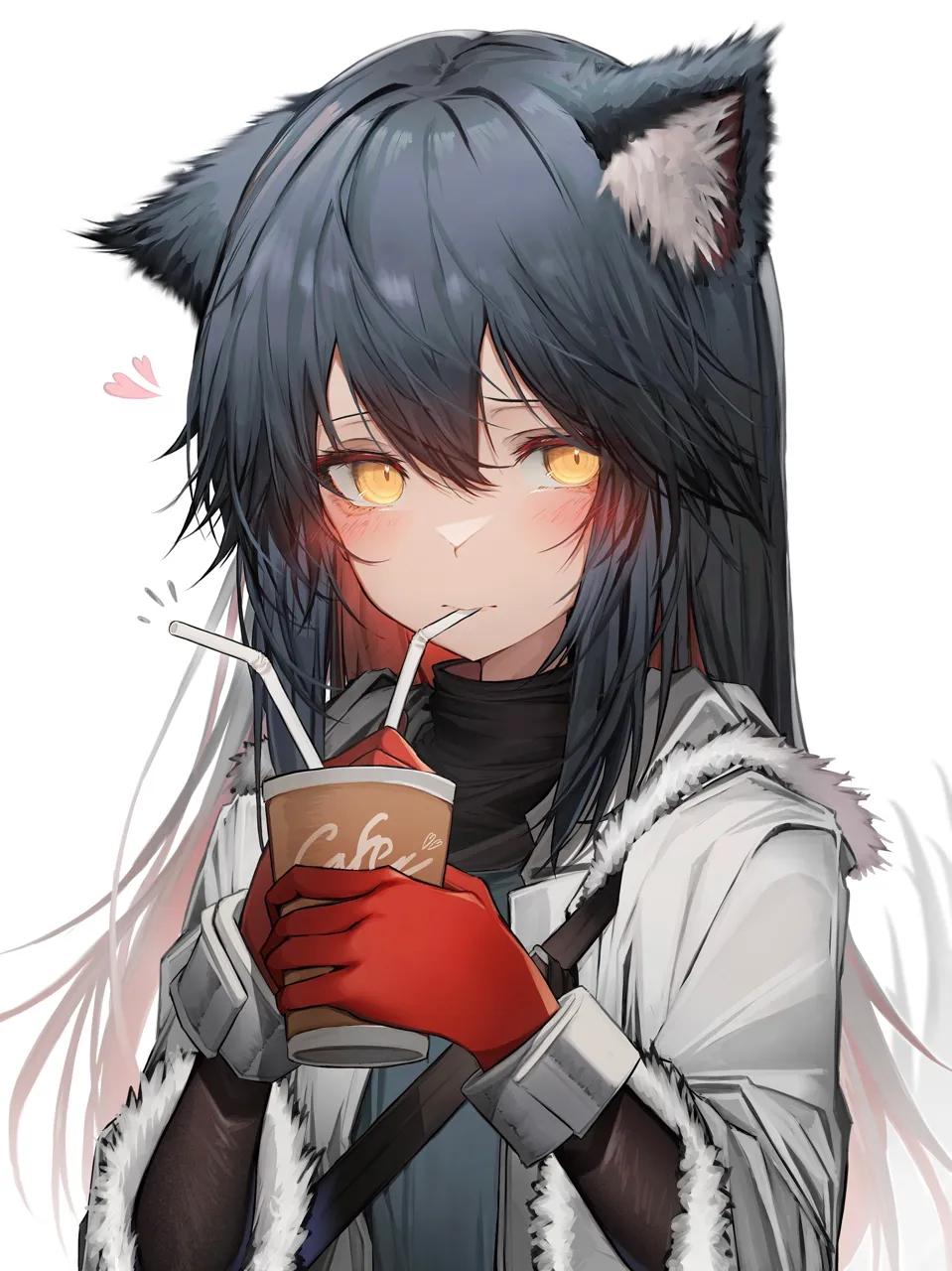1girl animal_ear_fluff animal_ears black_hair black_shirt blush cup drinking gloves hair_between_eyes heart holding holding_cup jacket long_hair long_sleeves looking_at_viewer official_alternate_costume open_clothes open_jacket red_gloves shirt solo upper_body white_jacket wolf_ears yellow_eyes tab_head arknights texas__arknights texas__winter_messenger__arknights