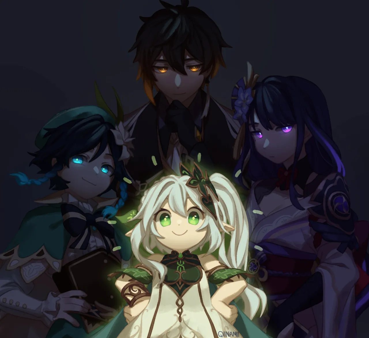 2boys 2girls beret black_gloves black_hair blue_eyes blue_hair braid breasts brown_hair cape cleavage collared_cape corset dress earrings formal_clothes frilled_sleeves frills genshin_impact gloves glowing glowing_eyes gradient_hair green_cape green_eyes green_headwear hand_on_own_hip hands_on_own_hips hat japanese_clothes jewelry kimono long_hair looking_at_viewer multicolored_hair multiple_boys multiple_girls nahida__genshin_impact orange_hair purple_eyes purple_hair qiinamii raiden_shogun short_kimono side_braids side_ponytail single_earring sleeveless sleeveless_dress smile suit tassel tassel_earrings twin_braids venti__genshin_impact white_dress white_hair zhongli__genshin_impact