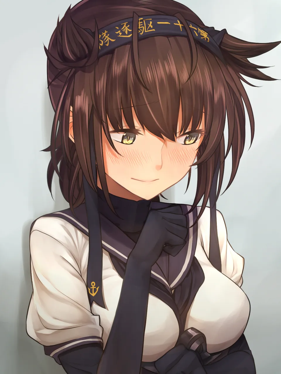 1girl black_gloves blush breasts brown_eyes brown_hair gloves hair_flaps hairband looking_down medium_breasts school_uniform solo upper_body baffu kantai_collection hatsuzuki__kancolle