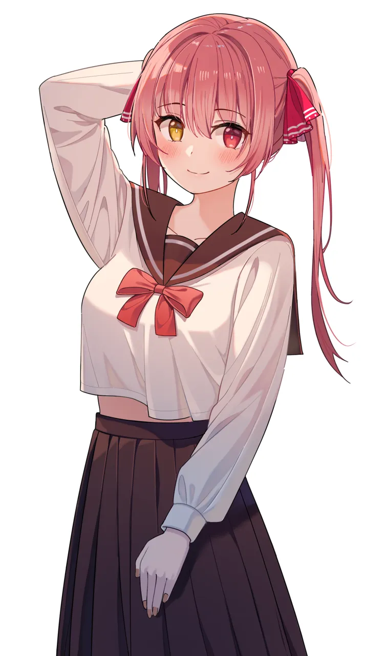 1girl alternate_costume arms_behind_head blush bow bowtie breasts closed_mouth cowboy_shot fingernails hair_ribbon heterochromia large_breasts long_hair long_skirt looking_at_viewer pleated_skirt red_eyes red_hair red_ribbon ribbon sailor_collar sailor_shirt school_uniform serafuku shirt simple_background skirt smile solo twintails virtual_youtuber white_background yellow_eyes niji__rudduf232 hololive houshou_marine__hololive