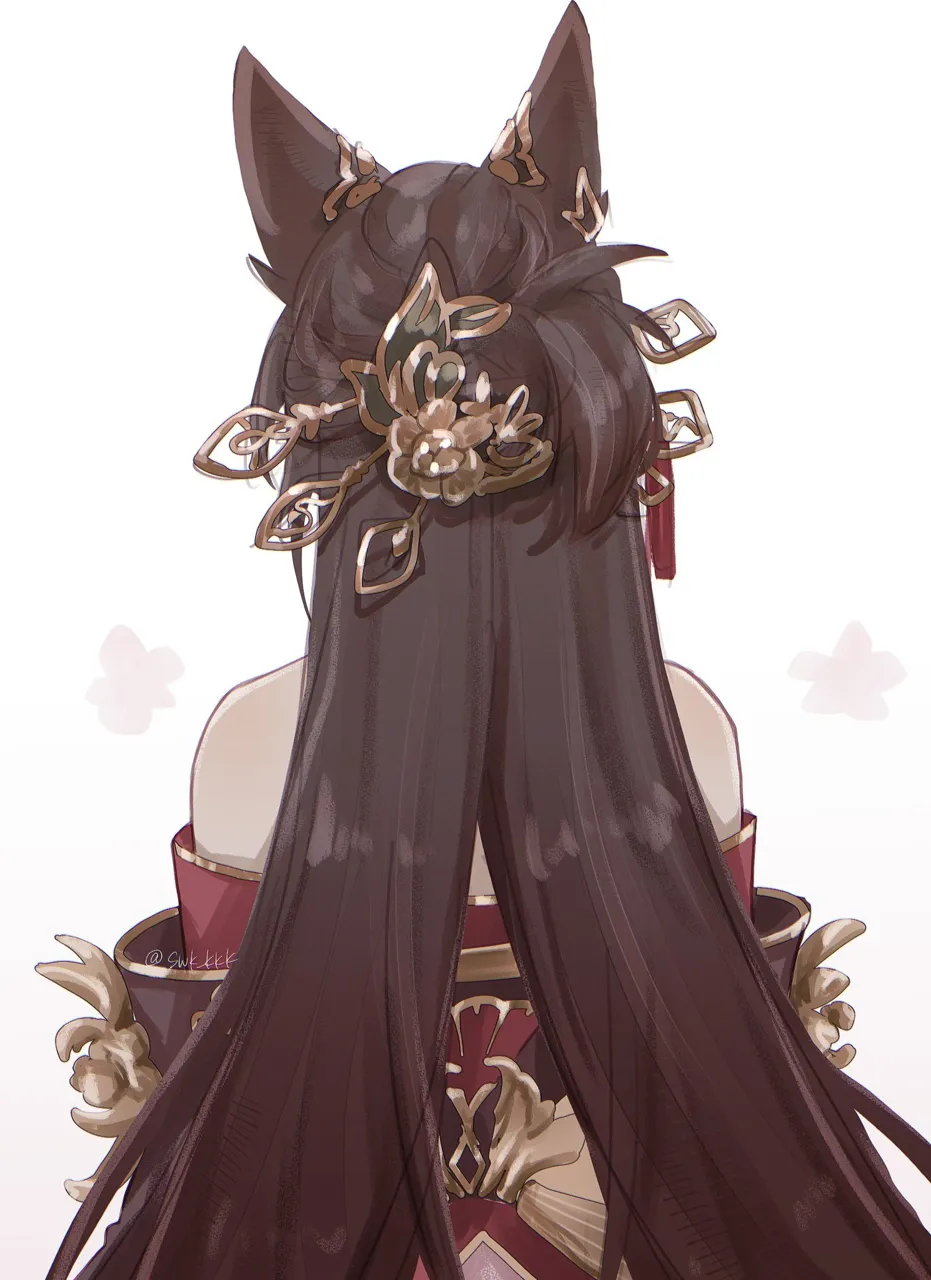 1girl animal_ears artist_name back bare_shoulders brown_dress brown_hair chinese_clothes dress fox_ears fox_girl gold_trim hair_ornament hair_stick long_hair long_sleeves off_shoulder_dress off_shoulder official_alternate_costume official_alternate_hairstyle simple_background solo tassel upper_body white_background suwa__swk_kkk honkai__star_rail honkai__series fugue__honkai__star_rail tingyun__honkai__star_rail