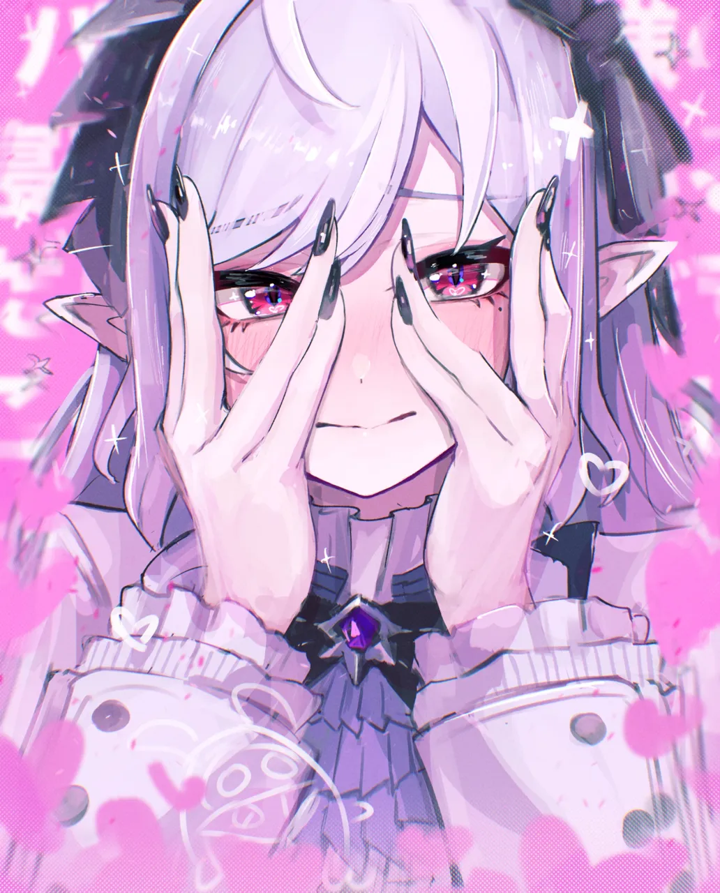 1girl blush frills gem long_hair long_sleeves mole mole_under_eye pink_background pink_eyes pointy_ears purple_gemstone purple_hair red_eyes solo upper_body sanshoku_dango__shukosuko zenless_zone_zero vivian__zenless_zone_zero