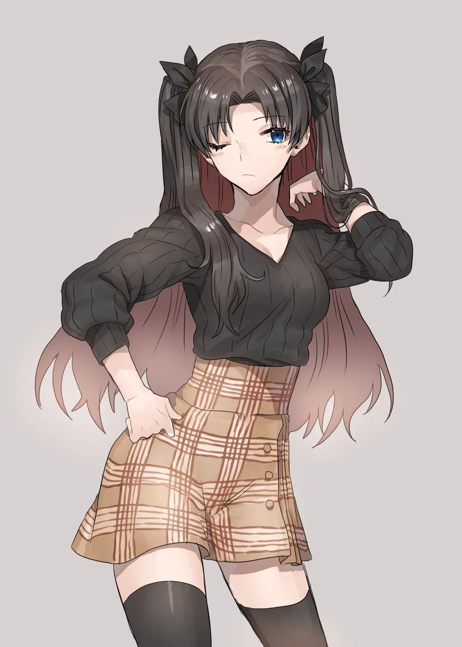 1girl black_bow black_hair black_shirt black_sweater black_thighhighs blue_eyes bow brown_skirt collarbone hair_bow hand_on_own_hip long_hair one_eye_closed plaid_clothes plaid_skirt ribbed_sweater shirt skirt solo sweater thighhighs twintails v_neck zettai_ryouiki none__kameko227 fate_stay_night fate__series tohsaka_rin