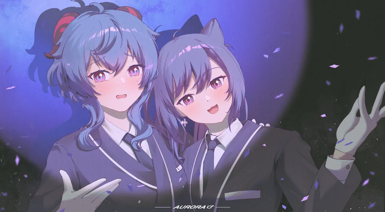 2girls ahoge artist_name blue_hair blush gloves horns long_hair looking_at_viewer multiple_girls necktie nose_blush open_mouth purple_eyes school_uniform sidelocks smile white_gloves hnbsgy genshin_impact ganyu__genshin_impact keqing__genshin_impact
