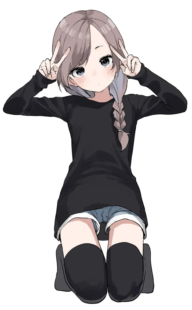 1girl bangs black_legwear black_shirt blush braid braided_bangs brown_hair closed_mouth double_v double_w eyebrows_visible_through_hair full_body grey_eyes grey_hair long_hair long_sleeves looking_at_viewer short_shorts shorts simple_background single_braid sleeves_past_wrists solo thighhighs v_over_eye white_background karakai_jozu_no_takagi_san takagi__karakai_jozu_no_takagi_san