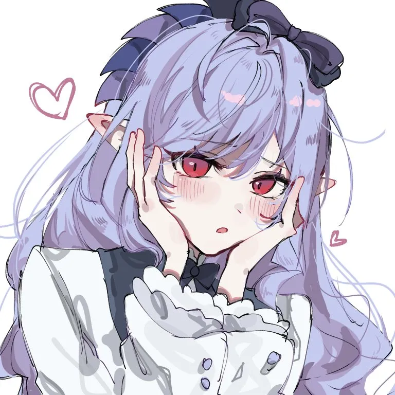 1girl black_bow black_bowtie blush bow bowtie heart long_hair long_sleeves open_mouth pointy_ears purple_hair red_eyes simple_background solo upper_body white_background jako_gnsn zenless_zone_zero vivian__zenless_zone_zero