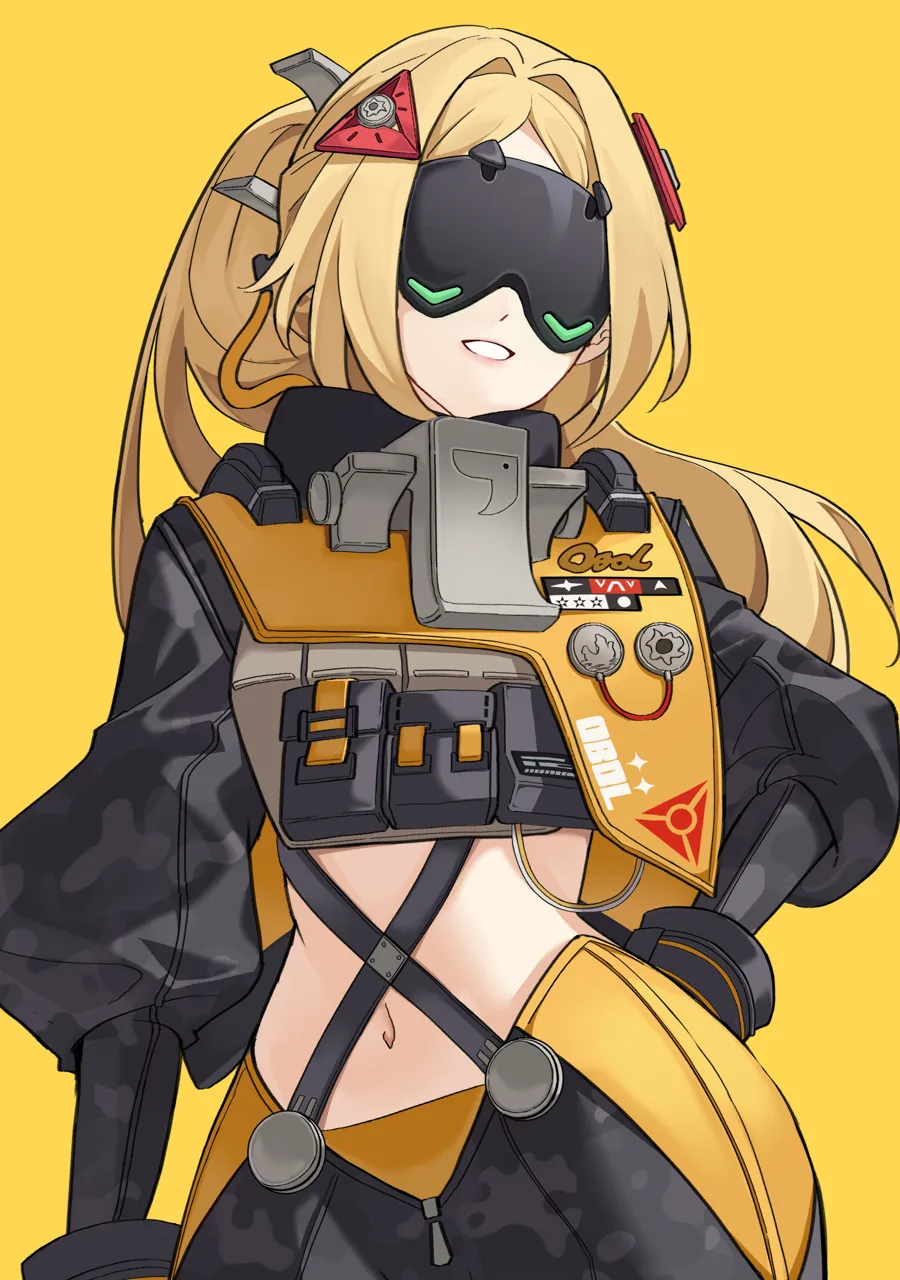 1girl black_mask black_pants black_shirt closed_mouth eye_mask hair_ornament hand_on_own_hip long_hair pants ponytail shirt smile solo triangle_hair_ornament yellow_background shibazakie zenless_zone_zero trigger__zenless_zone_zero