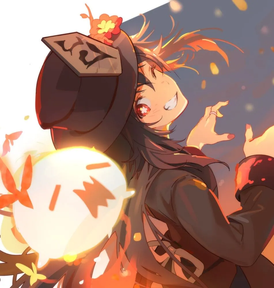 1girl autumn autumn_leaves black_hair black_headwear blush burning butterfly embers falling_leaves fire flame ginkgo_leaf grin hat leaf long_hair long_sleeves looking_at_viewer maple_leaf one_eye_closed pyrokinesis red_eyes smile solo yellow_butterfly genshin_impact hu_tao__genshin_impact