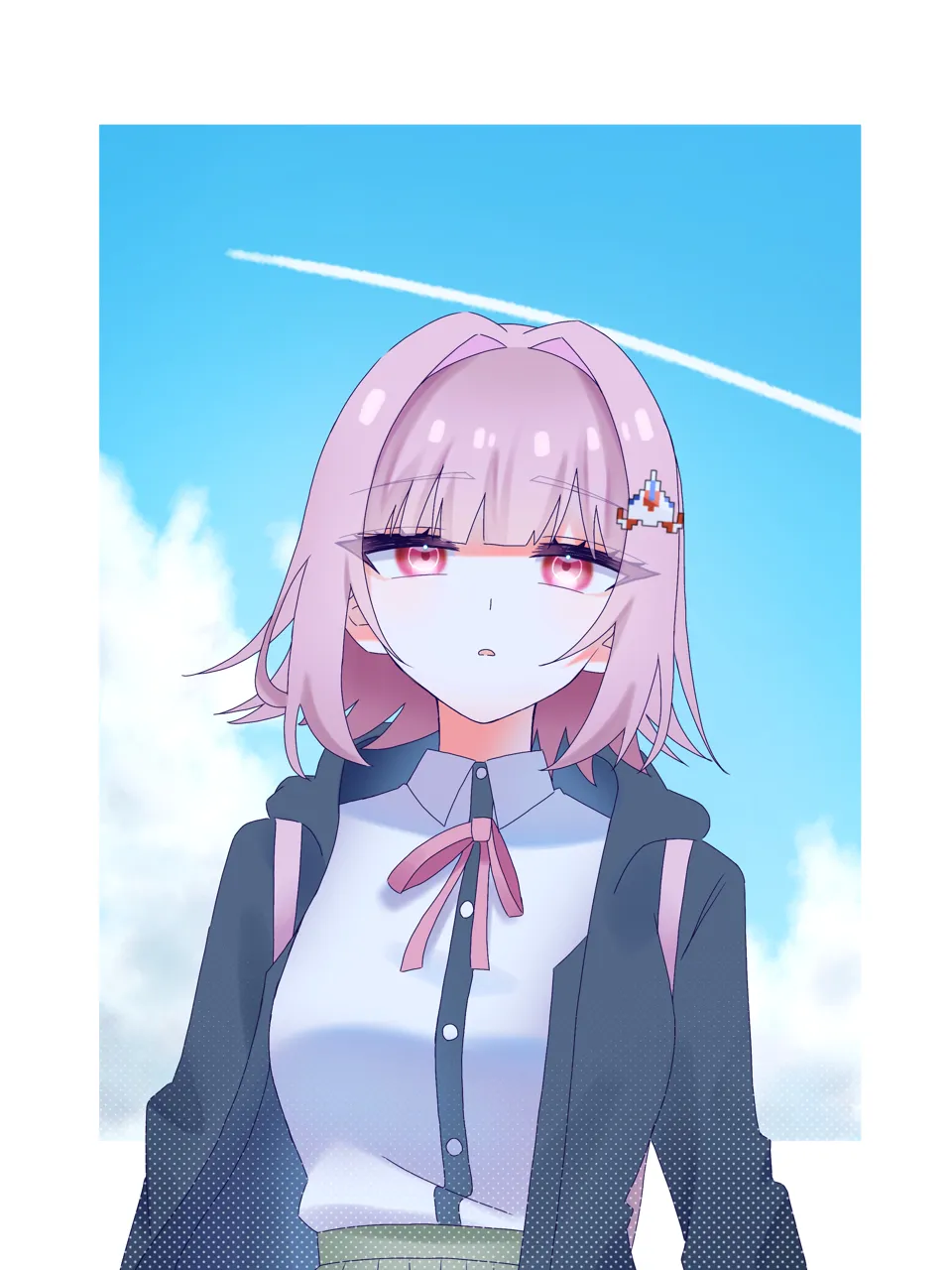 1girl backpack bag blunt_bangs breasts day hair_intakes hair_ornament hood hooded_jacket jacket large_breasts medium_hair neck_ribbon open_clothes open_jacket open_mouth outdoors pink_eyes pink_hair pink_ribbon ribbon shirt shirt_tucked_in solo upper_body white_shirt su_no__su_no090 danganronpa__series danganronpa_2__goodbye_despair galaga nanami_chiaki