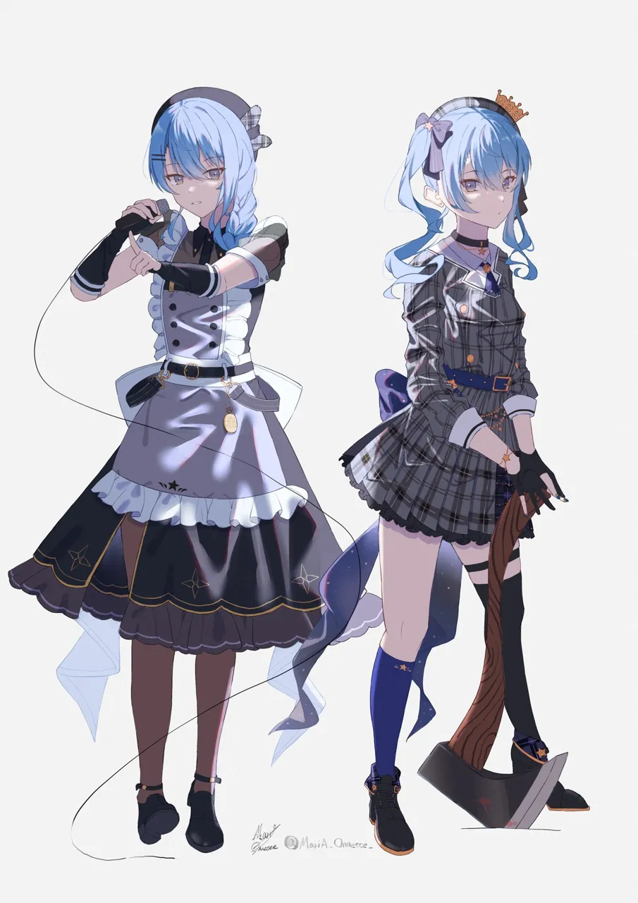 1girl ankle_boots apron asymmetrical_legwear axe back_bow bead_bracelet beads belt beret black_boots black_choker black_dress black_gloves black_headwear black_thighhighs blue_belt blue_bow blue_eyes blue_hair boots bow bow_skirt bracelet braid brown_pantyhose buttons choker collared_dress double_breasted dress dual_persona elbow_gloves fingerless_gloves fold_over_boots frilled_apron frilled_skirt frills full_body gloves grey_apron grey_hat grey_jacket grey_skirt hair_between_eyes hair_ornament hair_over_shoulder hair_ribbon hairclip hat high_heel_boots high_heels holding holding_axe holding_microphone jacket jewelry kneehighs long_hair looking_at_viewer maid medium_hair microphone miniskirt mismatched_legwear official_alternate_costume official_alternate_hairstyle pantyhose partially_fingerless_gloves plaid_clothes plaid_hat plaid_jacket plaid_skirt pleated_skirt ribbon see_through_clothes see_through_sleeves side_braid side_ponytail side_slit signature single_braid single_kneehigh single_sock single_thighhigh skirt sleeve_cuffs socks star__symbol star_bracelet star_choker strappy_heels thigh_strap thighhighs three_quarter_sleeves unconventional_maid uneven_legwear virtual_youtuber maria_onnette hololive hoshimachi_suisei__hololive hoshimachi_suisei__1st_costume__hololive hoshimachi_suisei__maid__hololive