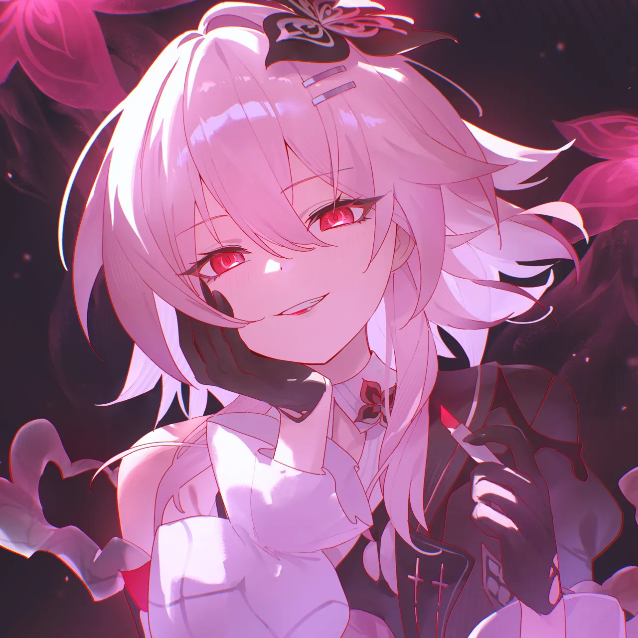 1girl black_flower black_gloves chromatic_aberration cosmetics flower gloves grin hair_between_eyes hair_flower hair_ornament hairclip hand_on_own_face holding holding_lipstick_tube lipstick lipstick_tube looking_at_viewer makeup medium_hair parallel_hairclips parted_lips pink_hair red_eyes single_bare_shoulder smile solo upper_body juffles honkai__star_rail honkai__series evernight__honkai__star_rail march_7th__honkai__star_rail