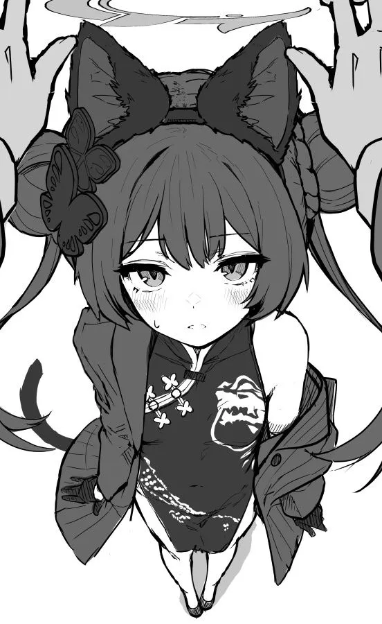 1girl animal_ears bare_shoulders blush cat_ears dress dress_lift erune from_above gloves greyscale hair_ornament jacket long_hair looking_at_viewer monochrome out_of_frame pov pov_hands simple_background solo_focus tail twintails white_background blue_archive ryuuge_kisaki__blue_archive