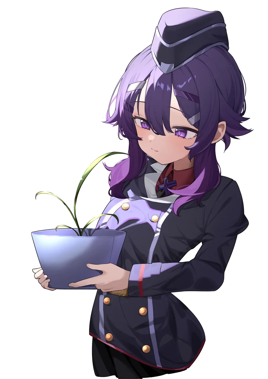 1girl black_hat black_jacket blush closed_mouth collared_shirt garrison_cap hair_between_eyes hat jacket juliet_sleeves light_smile long_sleeves medium_hair no_halo plant puffy_sleeves purple_eyes purple_hair red_shirt shirt simple_background solo white_background hijo__nakare2845 blue_archive haruka__blue_archive