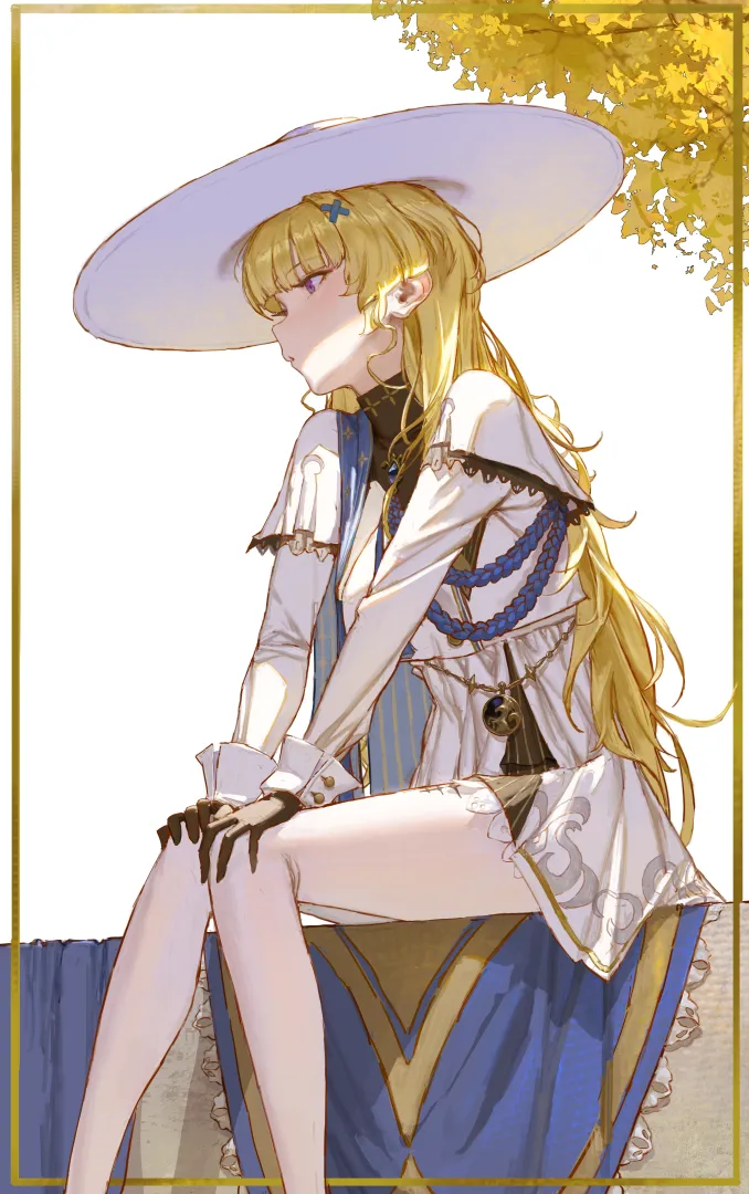 1girl black_collar black_gloves blonde_hair blue_gemstone blue_sash collar gem gloves hair_ornament hands_on_own_knees hat large_hat long_hair long_sleeves pantyhose parted_lips purple_eyes sash shirt sitting skirt solo tree very_long_hair white_background white_hat white_pantyhose white_shirt white_skirt x_hair_ornament yellow_leaves sib__9obsl wuthering_waves phoebe__wuthering_waves
