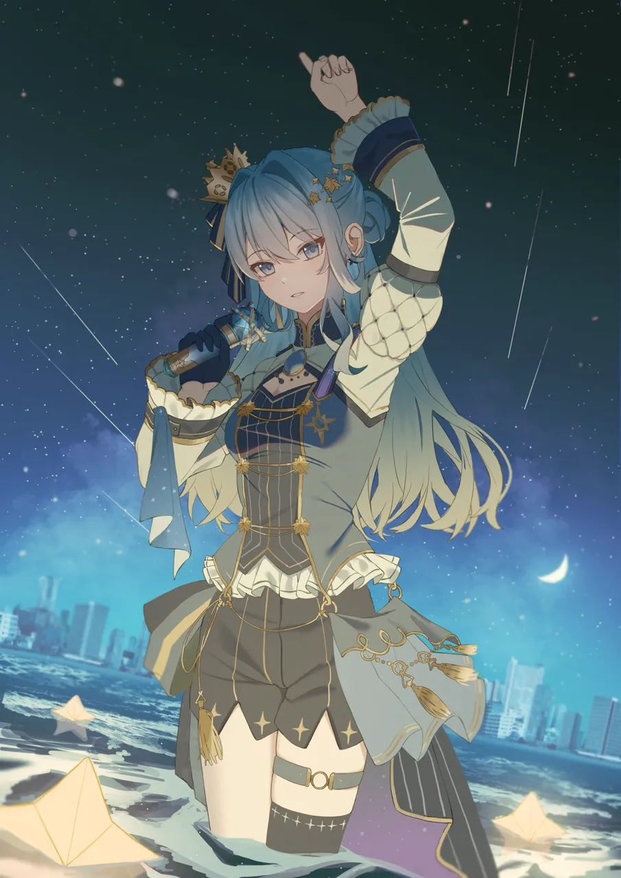 1girl black_shorts black_thighhighs blue_brooch blue_eyes blue_hair blue_shirt blue_skirt blue_vest cityscape crescent_moon crown frilled_shirt frilled_sleeves frills gloves hair_between_eyes hair_bun hair_intakes hair_ornament hair_ribbon half_skirt holding holding_microphone juliet_sleeves layered_skirt legs_together long_hair long_sleeves looking_at_viewer meteor_shower microphone mini_crown moon night o_ring o_ring_thigh_strap ocean official_alternate_costume official_alternate_hair_length official_alternate_hairstyle overskirt pinstripe_pattern pinstripe_shirt pinstripe_skirt pointing pointing_up puffy_sleeves quilted_clothes ribbon shirt shorts shrug__clothing sidelocks single_glove single_hair_bun single_thighhigh skirt solo standing star__sky star__symbol star_hair_ornament star_in_eye starry_sky_print striped_clothes striped_shirt symbol_in_eye thigh_strap thighhighs tilted_headwear vertical_striped_clothes vertical_striped_shirt vest virtual_youtuber wading white_shrug maria_onnette hololive hoshimachi_suisei__hololive hoshimachi_suisei__stellar_into_the_galaxy__hololive