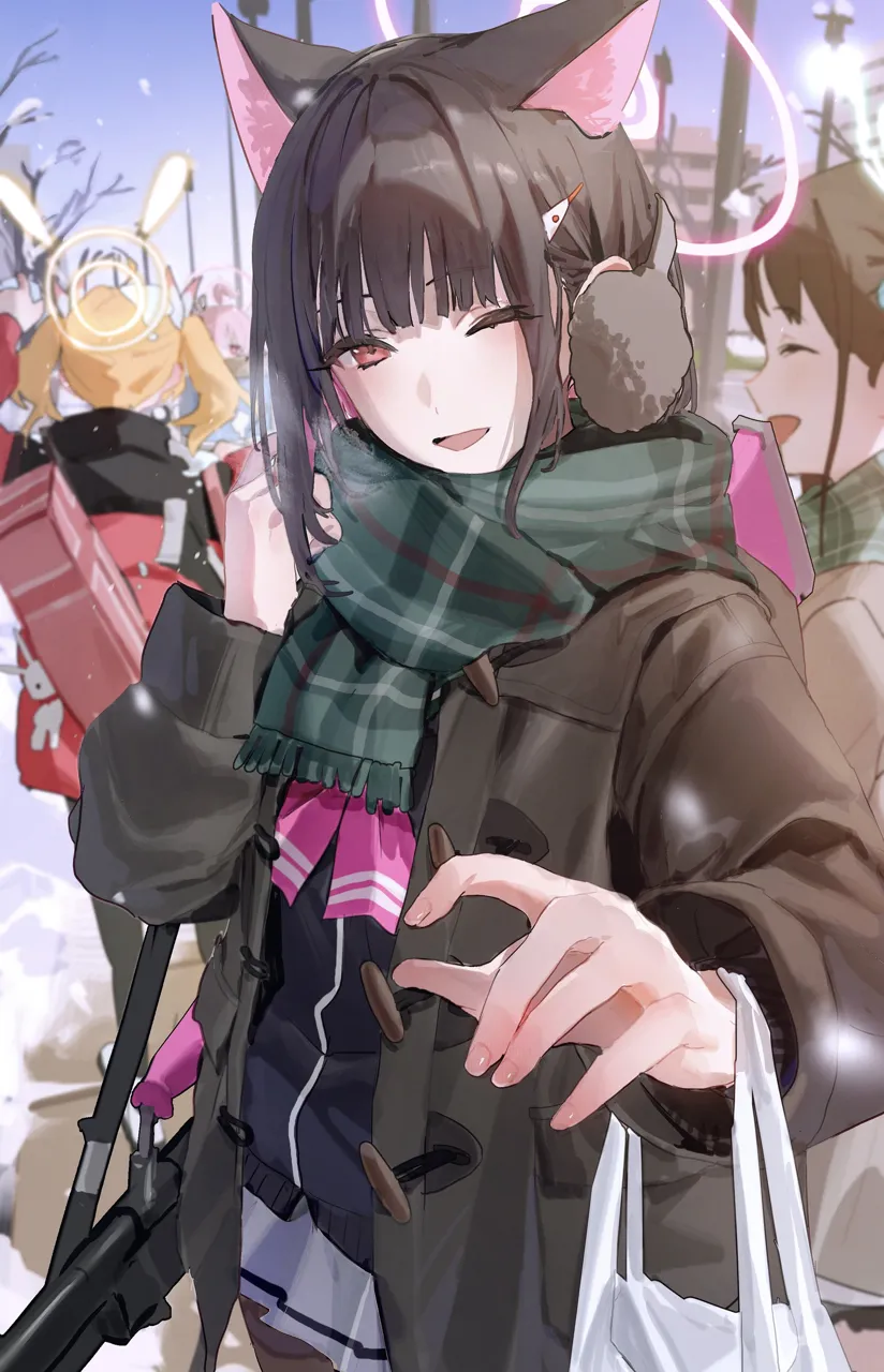 4girls after_school_sweets_club__blue_archive ahoge animal_ears black_hair blonde_hair blush bren_lmg cat_ears closed_eyes colored_inner_hair extra_ears green_scarf gun halo light_machine_gun long_hair long_sleeves looking_at_viewer machine_gun multicolored_hair multiple_girls one_eye_closed open_mouth outdoors pantyhose pink_hair red_eyes scarf school_uniform short_hair smile snow twintails weapon flatshi blue_archive airi__blue_archive kazusa__blue_archive natsu__blue_archive yoshimi__blue_archive