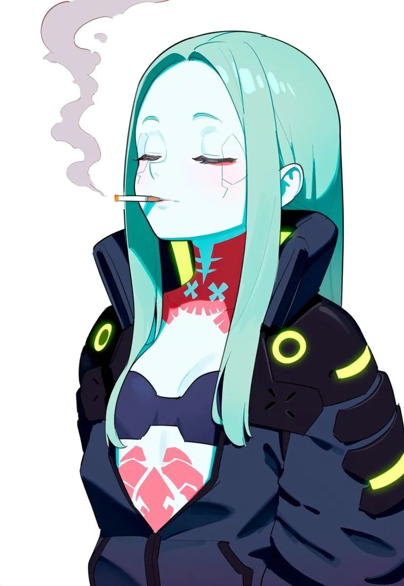 1girl aqua_hair blue_skin breasts cigarette closed_eyes colored_skin forehead green_hair jacket long_hair pale_skin simple_background smoke smoking solo upper_body white_background edgerunners rebecca__edgerunners